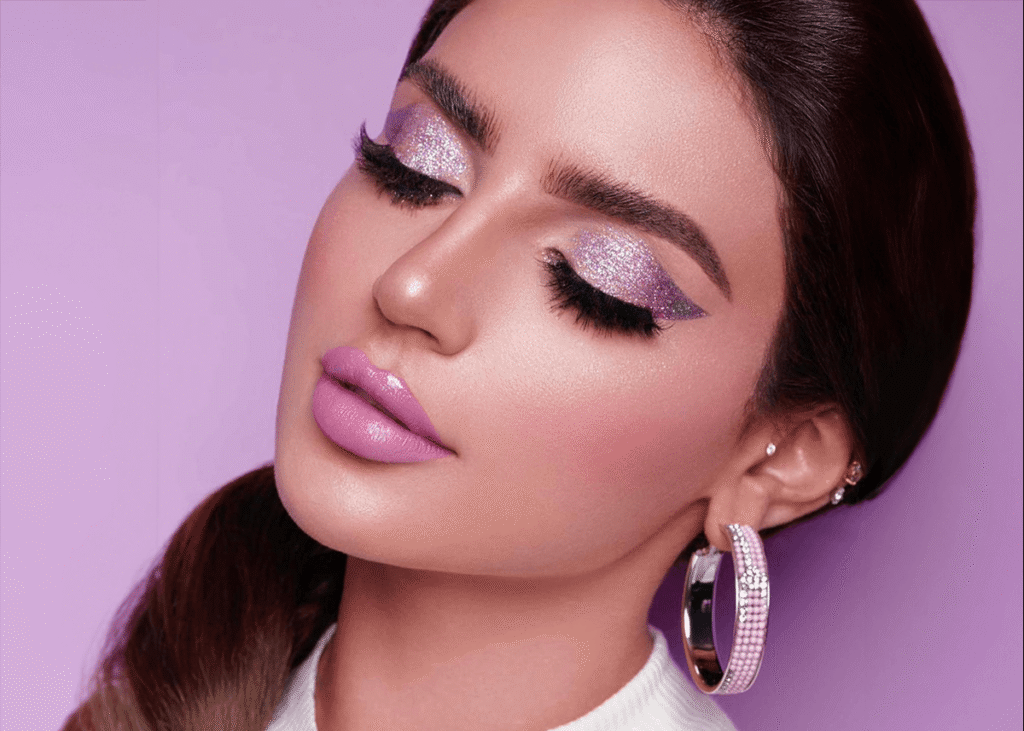Purple glitter eyeliner eyeshadow & lips