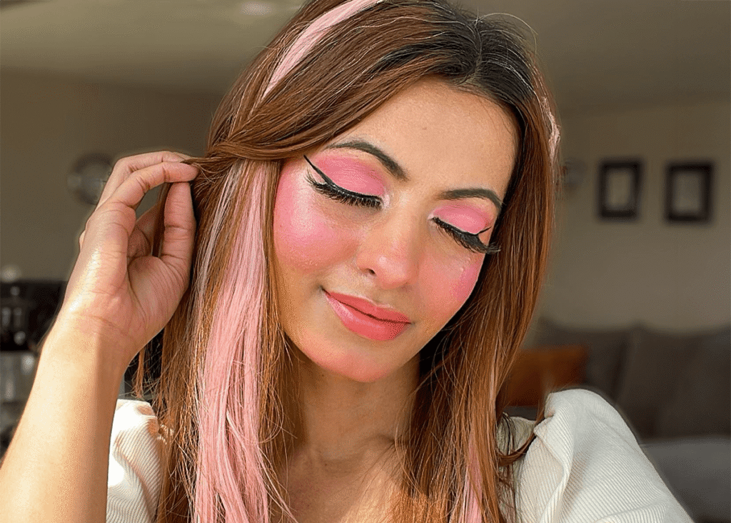 Pink barbie doll makeup with satin pink eyeshadow
