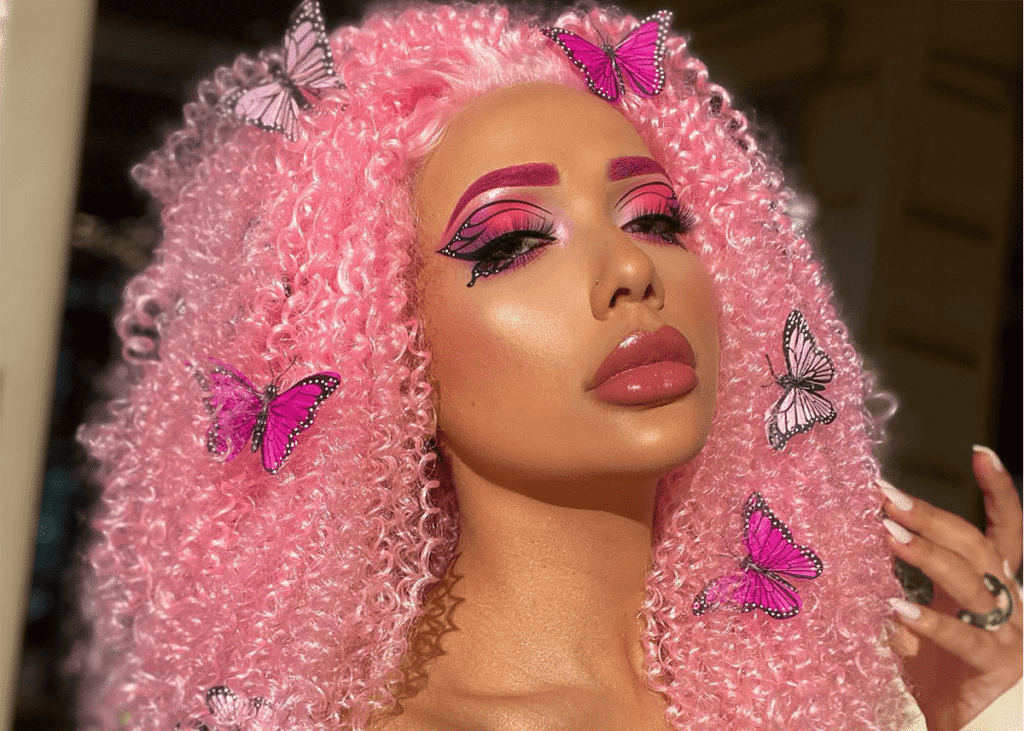 Pink curly wig with butterfly, pink eyeshadow makeup