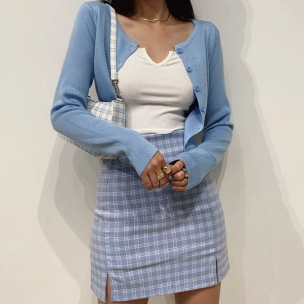 Softgirl egirl fashion style with blue sweater